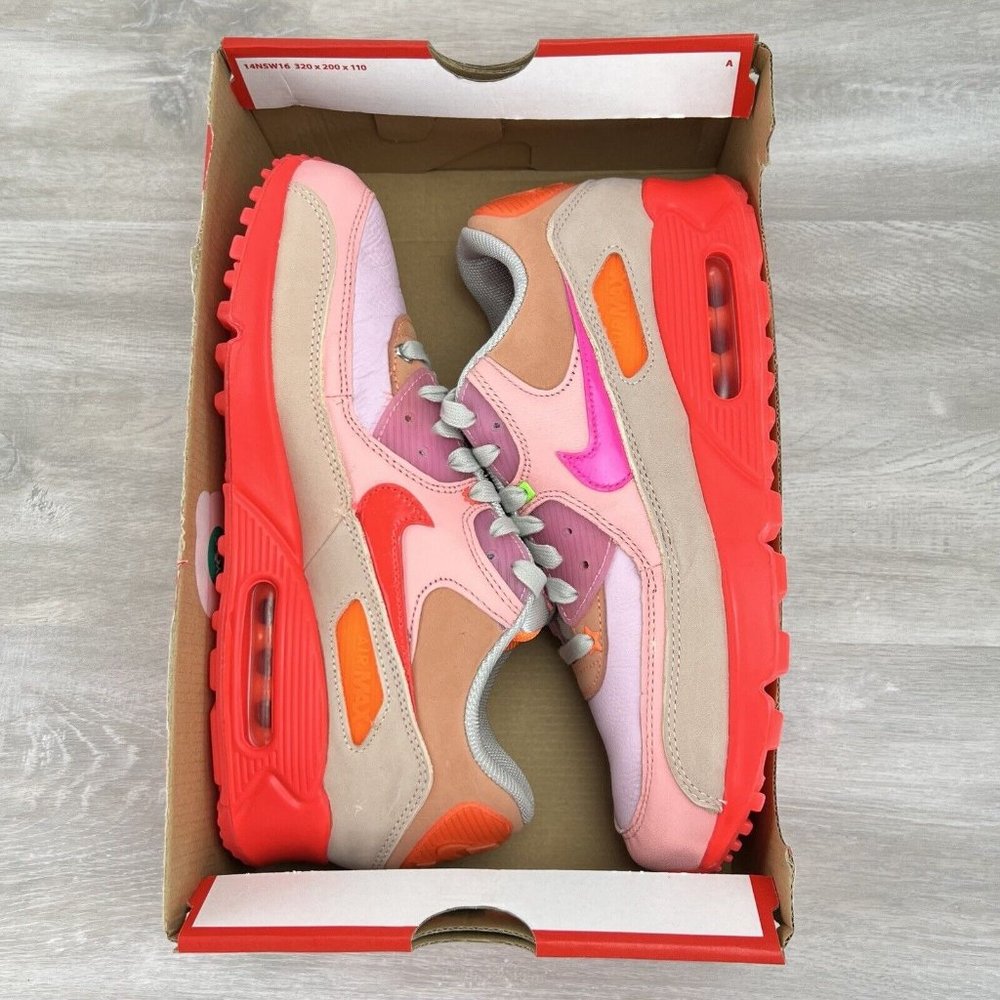 Nike Women's Air Max 90 Pink Hot Coral and Tan Sneakers - Picture 10 of 11